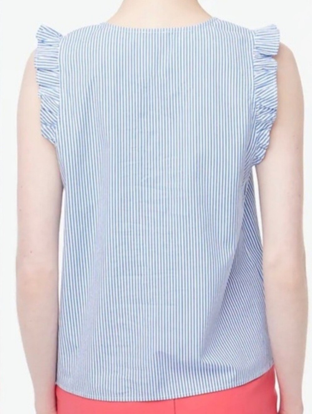 J. Crew Blue and White Pinstripe V-Neck Ruffle-Sleeve Top Size Medium - Picture 2 of 12